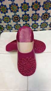 Wholesale Magenta Pink Sequin Moroccan Leather Babouche Slippers Beaded Oriental Mules Round Toe House <b>Shoes</b> multiple colors - Product Image 2
