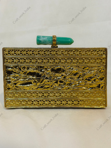 Amazonite Gemstone Panel <b>Clutch</b> with Natural Stone Handle Gold Tone Metal Frame Handcrafted Statement Bag for parties <b>weddings</b> - Product Image 5
