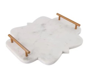 Plateau de service en marbre décoratif avec poignées dorées design, plateau de service plat en marbre de luxe à vendre. - Product Image 4