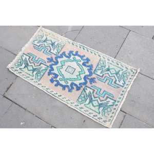 Alfombra Turca Vintage de Lana Azul, 1.3x2.7 pies (40x81 cm) - Product Image 2