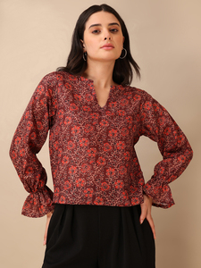 Haut décontracté à manches bouffantes imprimé en coton mélangé marron pour femme - Product Image 2