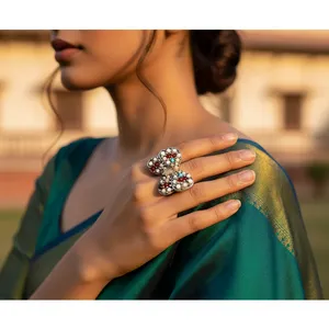 Women's Butterfly Cocktail <b>Ring</b> With Cubic Zirconia Heart Stones Antique <b>Silver</b> Plated Vintage Party Jewelry - Product Image 1