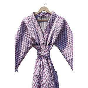 Bata de Baño Acolchada India 100% Algodón para Mujer, Estilo Formal, Estampado Floral, Suave, Reversible, Cierre con Cinturón, Secado Rápido, Todas las Temporadas, Cuello en V - Product Image 5