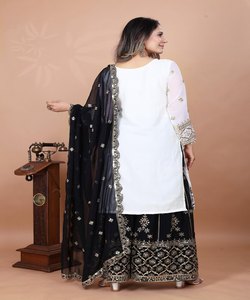 NOUVEL ARRIVÉ GEORGETTE BRODERIE SÉQUENCE TRAVAIL TOP SHARARA AVEC DUPATTA MARIAGE VÊTEMENT ETHNIQUE NOIR PRIX DE GROS - Product Image 3