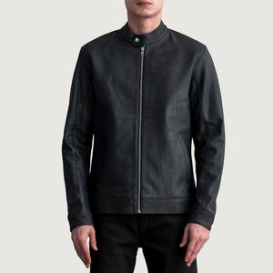 <b>Men's</b> Genuine Leather Moto <b>Jacket</b> Stand Collar Zip Front Slim Fit Regular Length Solid Color Black - Product Image 3