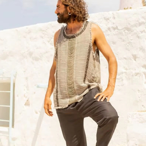 Camiseta sin mangas Beige para hombre Shipibo Block Print Combo algodón Gypsy Festival camisa étnica ecléctica Tribal transpirable de punto - Product Image 1