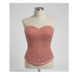 Blusa Rosa Rubor con Paneles y Adornos de Perlas y Cristales Delanteros y Traseros, de Poliéster y Seda Tejida, Escote Corazón, Elástica, Talla XL, Holgada, de Moda para Mujer - Product Image 1