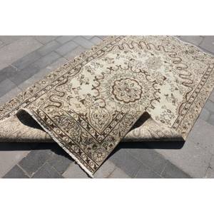 Alfombra de lana tradicional Beige marrón de 4,7x8,7 pies, diseño de retazos turco para entrada, sala de estar, dormitorio, respaldo de látex Rectangular - Product Image 5