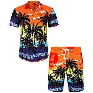 Panelleri ile 2024 şort ve gömlek setleri sıcak satış erkek gevşek baskı gömlek Hawaii 2 parça kısa kollu gömlek ve pantolon