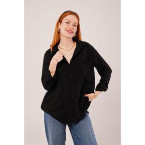 Camisa de poliéster negra holgada con bolsillos para mujer Lustrin, para venta al por mayor - Blusa informal de manga larga - Product Image 1