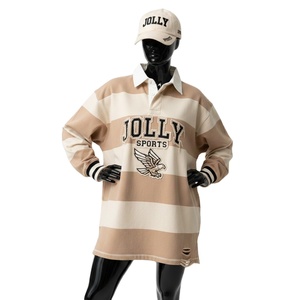 Camiseta de rugby para mujer, mezcla de algodón premium GSM, beige con paneles blancos a rayas, logotipo bordado personalizado, corte holgado, camisetas de rugby para mujer - Product Image 1
