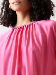 Pink Satin Floor-Length <b>Dress</b> O-Neck Full Sleeves Loose Fit Modest Casual Vintage Style Adult Women's Solid Color Breathable - Product Image 4