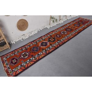 2.6x11.7 ft Turkish Herki Rug, <b>Red</b> Abstract Vintage <b>Wool</b> Rug - Product Image 2