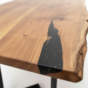 Mesa de comedor de resina epoxi de primera calidad en madera maciza de Acacia Base de metal con borde vivo natural Diseño personalizable para hotel contemporáneo - Product Image 4