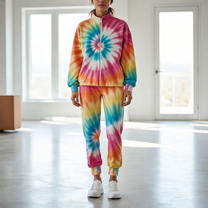 ชุดวอร์มสองชิ้นสำหรับใส่วิ่งชุดกีฬาสีระเหิดของผู้หญิงชุดออกกำลังกายมีฮู้ดมัดย้อมระบายอากาศได้ - Product Image 4