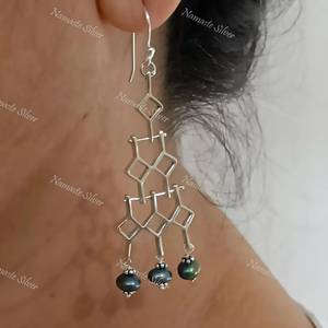 Handmade Sterling Silver <b>Grey</b> <b>Pearl</b> Dangle <b>Earrings</b>, Geometric Design - Product Image 3