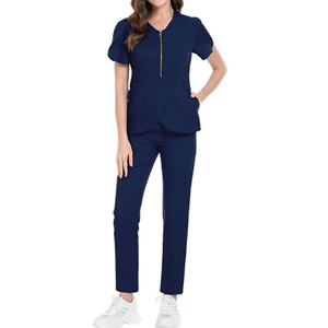 Conjunto de 2 piezas de tela de punto transpirable sólida de manga larga para mujer, novedad de verano 2025, Tops sin cuello con cremallera, Pantalón recto con cordón - Product Image 5