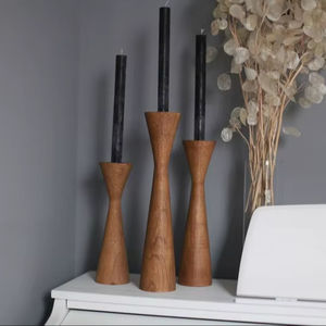 Rustic carved <b>pillar</b> <b>candle</b> holder from natural wood with vertical scrollwork patterns, available at wholesale prices - Product Image 1