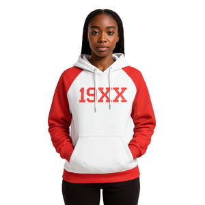 DST Delta White Body Red Raglan Sleeves Sudadera con capucha Mezcla de algodón Hermandad griega Ropa Divine Nine HBCU Greek Life Año de fundación - Product Image 1