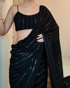 Saree noir en georgette douce de créateur ethnique pour les fêtes traditionnelles de mariage pour les femmes indiennes exclusives, les filles les plus vendues - Product Image 1