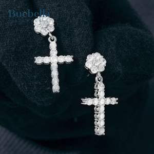 Venta caliente 925 Plata de Ley Iced Flower Cluster Cross Hoop Pendientes Lab Grown Diamond Hombres Hip Hop Style Gift - Product Image 2