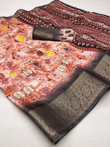 Sari imprimé numérique en soie Dola douce de qualité supérieure avec bordure tissée Kanjivaram vêtements indiens et pakistanais - Product Image 4