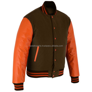 2026 OEM Stylish <b>Brown</b> <b>Wool</b> Orange Leather Sleeves Varsity Jacket For Men's High Quality Low MOQ Heated Winter Fashion Jackets - Product Image 4