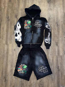 Apliques bordados parche desgastado lavado ácido Vintage multicolor 100% algodón Sudadera con capucha pantalones cortos 2 piezas Unisex verano High Street - Product Image 5