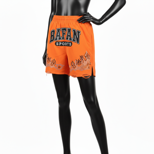 Shorts cortavientos para mujer, tela de nailon premium, color naranja sólido, parche bordado de chenilla, pedrería, shorts personalizados para mujer - Product Image 4