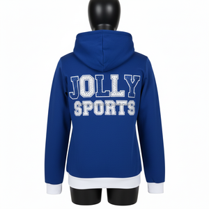 Sudadera con Capucha de Felpa de Algodón para Mujer en Azul con Paneles Blancos en los Puños, Rayas en las Mangas y Logotipo Personalizado con Pedrería - Product Image 2