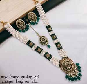 Forma ovalada hermoso Kundan & Pearl Work collar largo colgante chapado en oro cobre boda joyería con Mangtika y pendiente mujeres - Product Image 2