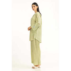 Conjunto de Dos Piezas con Bordado Ondulado Verde Claro, Tela Crepé Informal, Sin Cuello, con Mangas Tres Cuartos para Primavera/Verano - Product Image 6