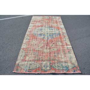 Vintage Turkish <b>Rug</b> Red Beige 4.2x8.7ft Large Area Woolen Patchwork Design for Hallway or <b>Bedroom</b> Latex Backed Sidekick - Product Image 1