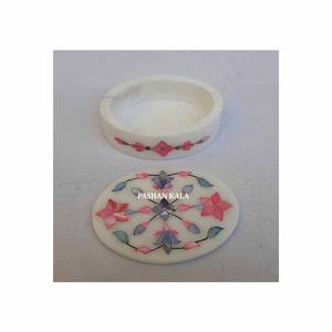 Latest And Luxurious Handmade Flower Design <b>White</b> Marble Inlay Blue And Pink Mother Of Pearl Jewelry <b>Box</b> For Wedding <b>Gifting</b> - Product Image 1