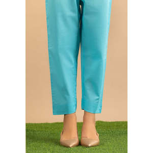 Pantalon Oxford Cyan Anti-Plis pour Femme, Taille Mi-Haute, Coupe Crayon, avec Fermeture Élastique et Détails Lavés Colorés - Product Image 3