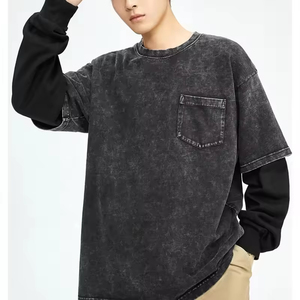 Camiseta para hombre, doble capa completa, manga larga, camisas de doble capa, Patchwork, Vintage, lavado ácido, doble capa, camisetas para hombre - Product Image 6