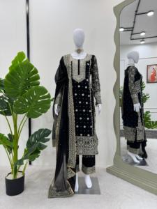 Elegant Foux Gorgette Ensemble Fully Embellished 47 Top with Thread Sequence & Lace Broder Work on <b>Both</b> Sides in wholesale - Product Image 5