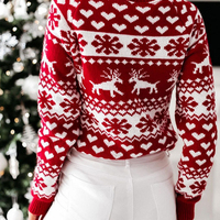 Premium-Qualität Damen Winter Süßer Langer Flacher Gestrickter Dicker Bedruckter Wolle/Kaschmir Weihnachtspullover mit Rentier- und Sternmotiv vorne
