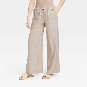 Pantalon en lin décontracté taille haute à jambe large avec taille élastique, respirant, beige, motif formel – Nouvelle collection - Product Image 1