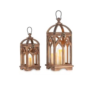 Juego de tres farolillos colgantes de madera y vidrio hechos a mano, diferentes tamaños para uso doméstico, hotel, boda o decoraciones navideñas - Product Image 2