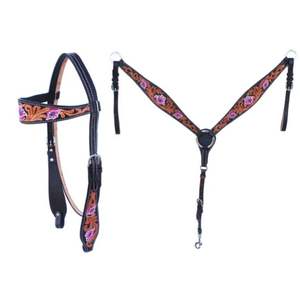 Juego de tachuelas de cuello y brida con herramientas florales occidentales Cuero Premium tallado a mano - Product Image 1