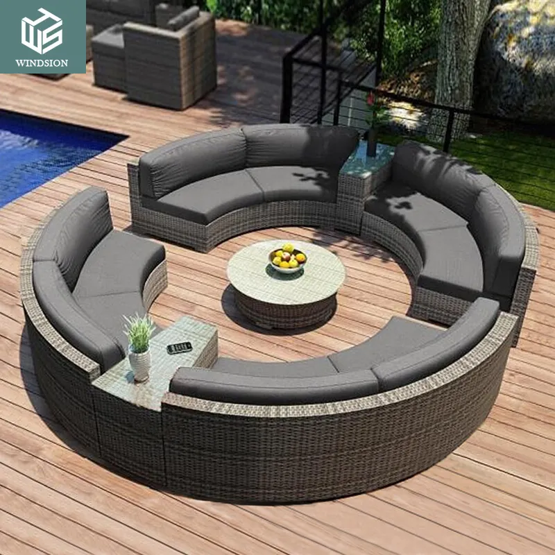 Inexpensive Outdoor Furniture Waterproof Semicircle tea table Wicker Patio Garden Rattan round Sofa Sets
