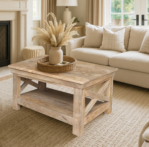 Modern Multi-Functional Nesting Solid Wood <b>Dining</b> & <b>Coffee</b> <b>Table</b> with Cross Legs Handmade Farmhouse Design - Product Image 1