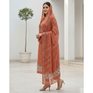 Ensemble de tenue festive pour femmes en coton et mousseline imprimé Paisley, 3 pièces, non cousues, longueur genoux, été - Orange - Product Image 4
