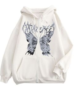 Sweat à capuche zippé imprimé papillon blanc pour femme, sweat à capuche en polaire surdimensionné, streetwear, décontracté, vêtements d'hiver - Product Image 1