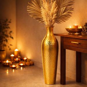 Luxurious Tall Hammered Gold Metal Floor <b>Vase</b> | Modern Minimalist Decorative <b>Vase</b> <b>for</b> Living Room Decor, Entryway Accent - Product Image 4
