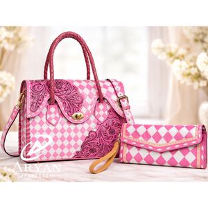 Ensemble de 2 pièces assorti : Sac fourre-tout en cuir à carreaux rose et blanc de luxe 2026 et pochette à main en cuir de vache travaillé à la main - Product Image 1