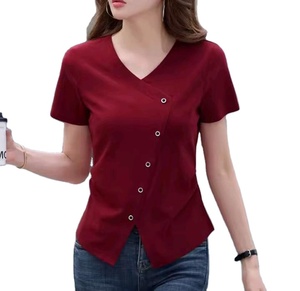 T-shirt à manches courtes et épaules droites, nouveau modèle pour femme, col en V croisé, couleur unie, ourlet irrégulier, taille cintrée - Product Image 1