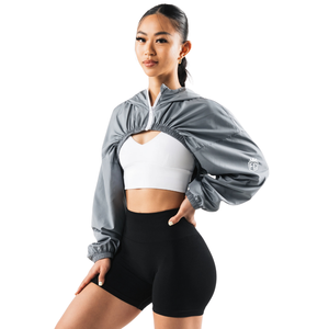 <b>Womens</b> Nylon Cropped <b>Jacket</b> Lightweight <b>Windbreaker</b> Long Sleeve Elastic Hem Zip Front Activewear Casual Top - Product Image 2