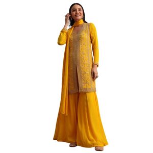 Traje amarillo Cutdana Kurti Palazzo con Dupatta, venta al por mayor, Ropa Étnica para mujer, ropa OEM, proveedor de fábrica, ropa de fiesta - Product Image 3